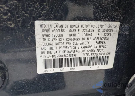 2006 Acura Tsx z USA, uszkodzony, nr VIN JH4CL95846C028199